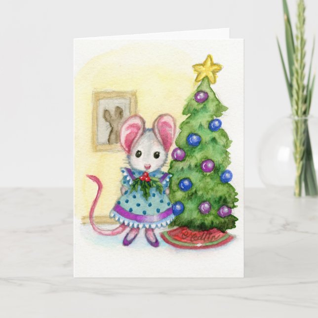 Sweet Christmas Tree Mouse Niedliche Weihnachtskar Karte (Vorderseite)