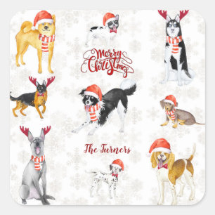 Sweet Christmas Weihnachtsmannmütze Hunde Monogram Quadratischer Aufkleber