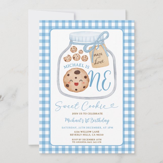 Sweet Cookie Boy First Birthday Blue Gingham Jar Einladung (Vorderseite)