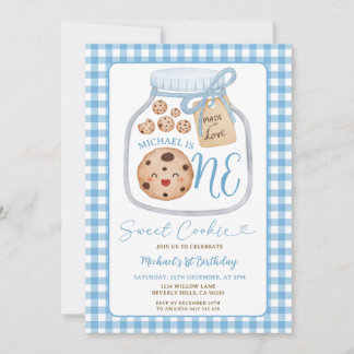 Sweet Cookie Boy First Birthday Blue Gingham Jar Einladung