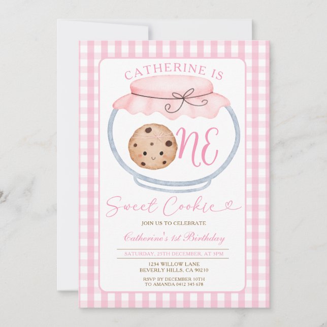 Sweet Cookie Girl First Birthday Pink Gingham Jar Einladung (Vorderseite)