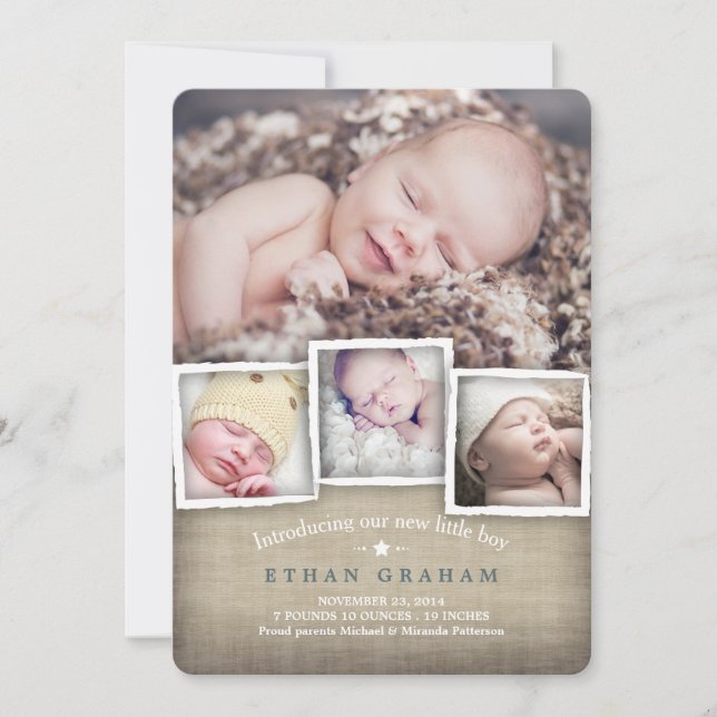 Sweet Country Burlap Baby Boy Geburtsankündigung Ankündigung (Vorderseite)