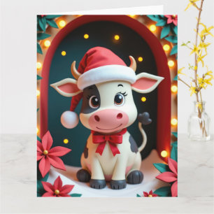 Sweet Cow mit Weihnachtsmannmütze in Snowy Stable Karte