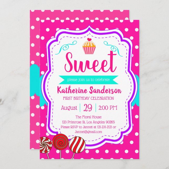 Sweet Cupcake Baby Sprinkle Candy Shoppe Geburtsta Einladung (Vorne/Hinten)