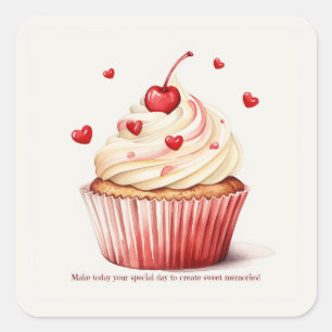 Sweet Cupcake Red Hearts Valentine's Day Card Quadratischer Aufkleber