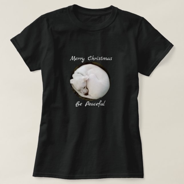 Sweet Curled White Dog Friedliche Weihnachten T-Shirt (Design vorne)