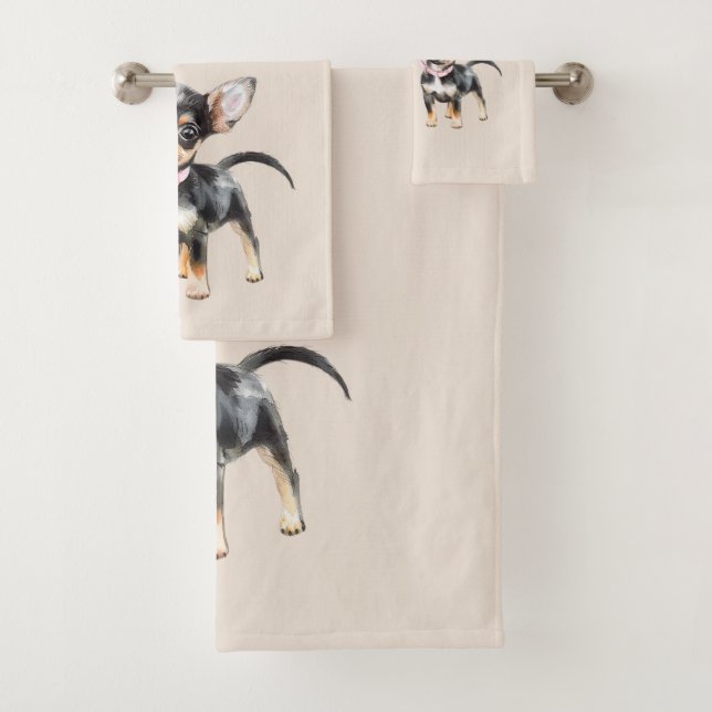 Sweet Cute Brown Cream Chihuahua Dog Best Friends Badhandtuch Set (Insitu)