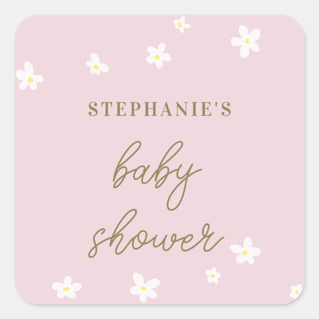 Sweet Daisy Pink Gold Calligraphy Baby Girl Dusche Quadratischer Aufkleber (Vorderseite)