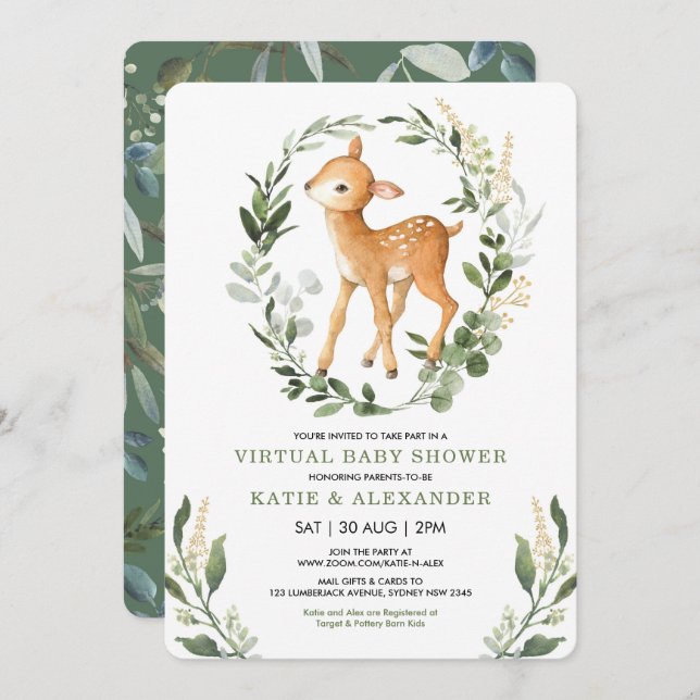 Sweet Deer Woodland Greenery Virtual Baby Shower Einladung (Vorne/Hinten)