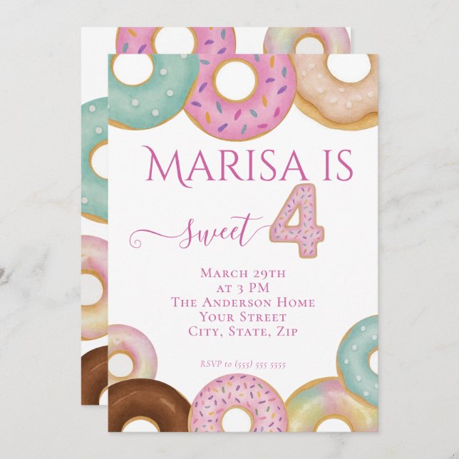 Sweet Donut Birthday | Party für farbige Kinder - Einladung (Vorne/Hinten)