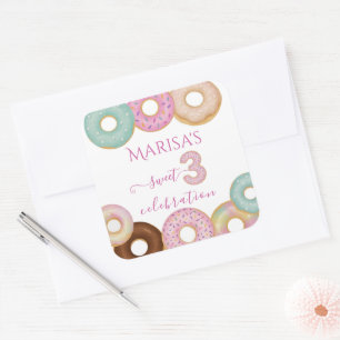 Sweet Donut Birthday   Party für farbige Kinder - Quadratischer Aufkleber