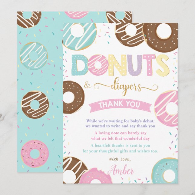 Sweet Donuts and Diapers Doughnut Baby Dusche Dankeskarte (Vorne/Hinten)