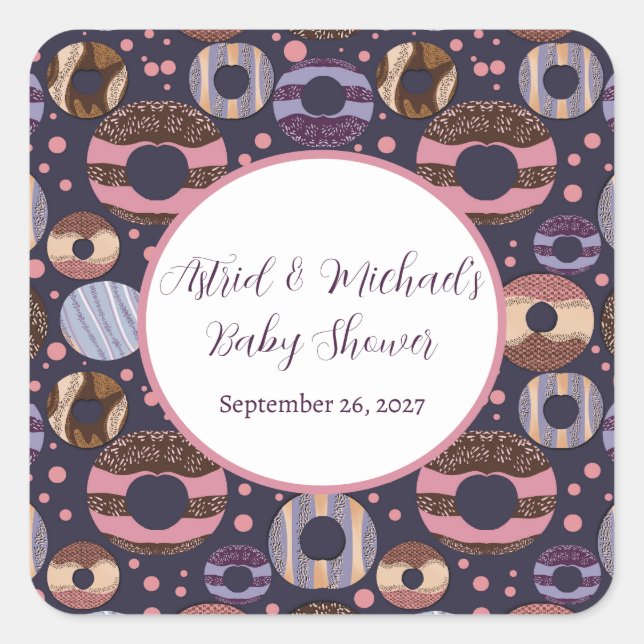 Sweet Donuts Lila Girl Baby Dusche Quadratischer Aufkleber (Vorderseite)