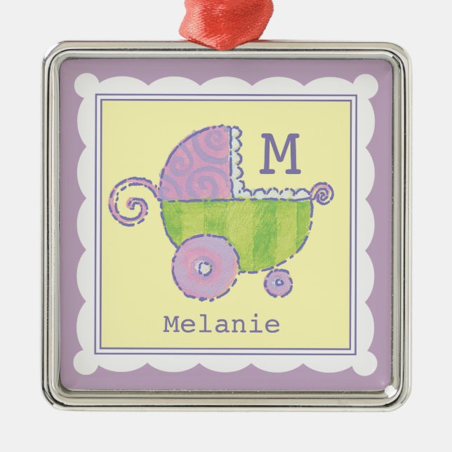 Sweet Dreams Baby Carriage Lavendel Mit Monogramm Ornament Aus Metall (Vorne)