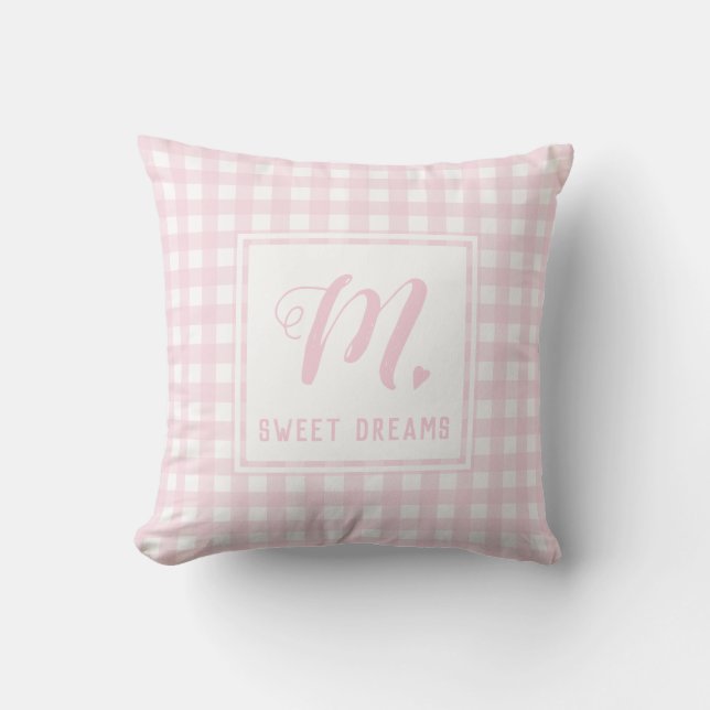 Sweet Dreams Baby Pink Medium Gingham Monogram Kissen (Vorderseite)