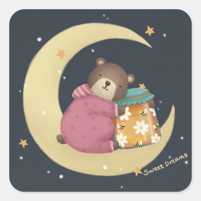 Sweet Dreams: Bären & Honey Illustration Quadratischer Aufkleber (Vorderseite)
