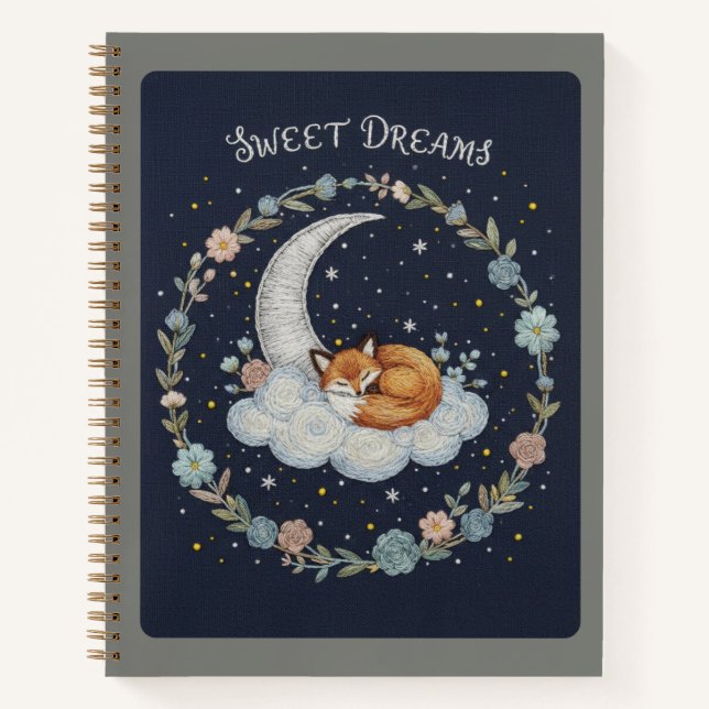 Sweet Dreams Embroidered Fox on Moon Journal Notizbuch (Vorderseite)