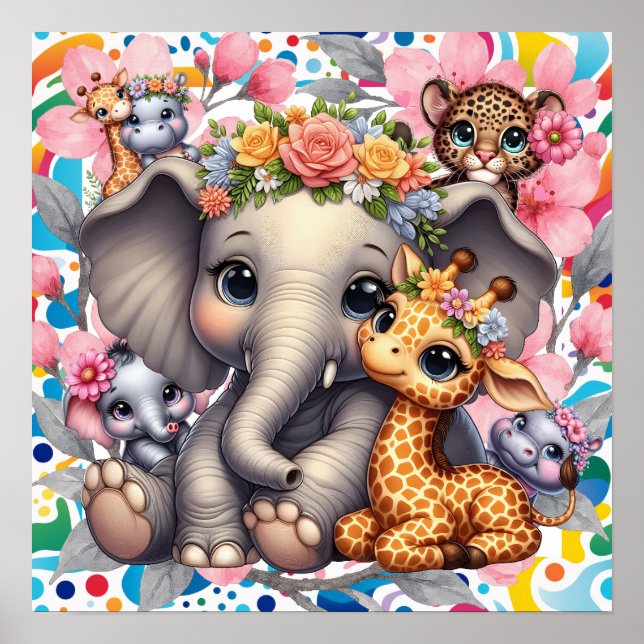 Sweet Dreams Floral Jungle Animals Nursery  Poster (Vorne)