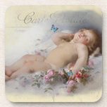 Sweet Dreams Getränkeuntersetzer<br><div class="desc">Ein schönes und bezauberndes Gemälde im öffentlichen Bereich eines Kirschen schlafen auf einer weißen Wolke. Ich habe Schmetterlinge hinzugefügt und das Bild neu angefasst und es dann auf eine Vintage französische Postkarte gelegt. © Wickwiederholt Lovely/Julie McIver</div>