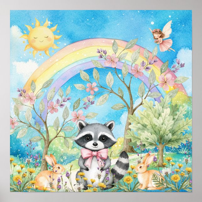 Sweet Dreams Rainbow Raccoon & Rabbits Nursery  Poster (Vorne)