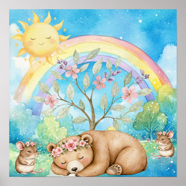 Sweet Dreams Rainbow Sleepy Bear & Mice Nursery  Poster (Vorne)