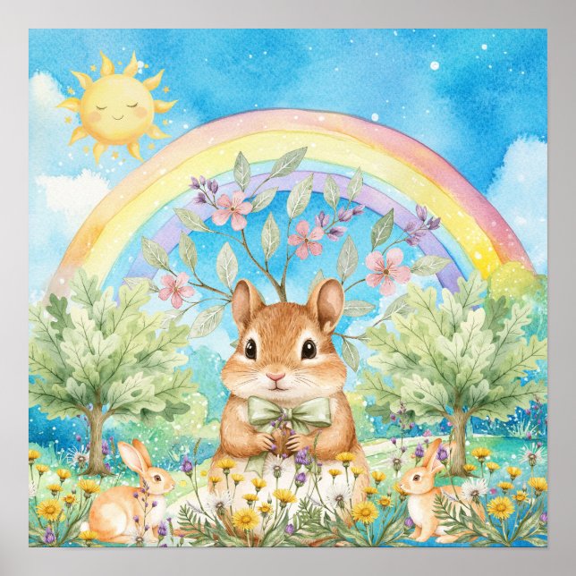 Sweet Dreams Rainbow Squirrel & Rabbits Nursery  Poster (Vorne)