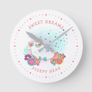 Sweet Dreams Sleepy Head Einhorn Rosa Weiße Minute Runde Wanduhr