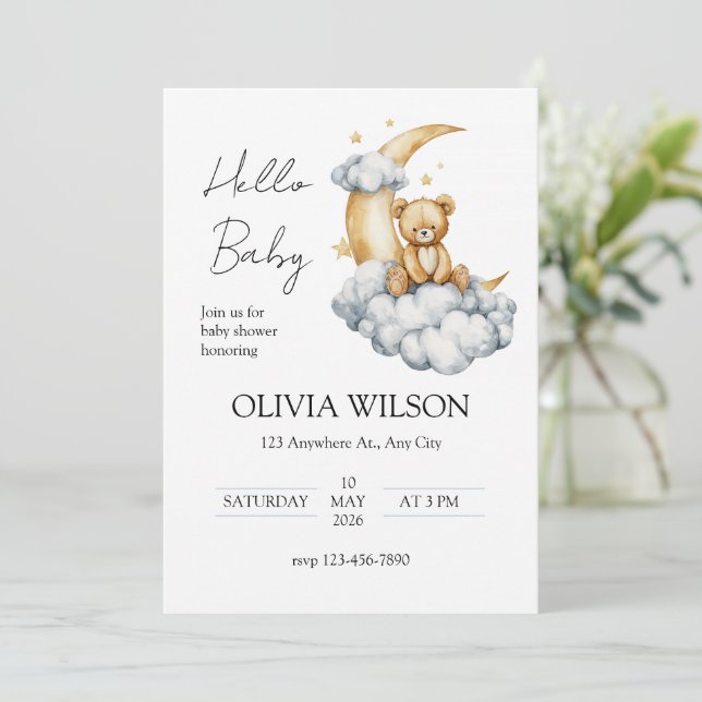 Sweet Dreams Teddy Bear on the Moon Einladung (Stehend Vorderseite)