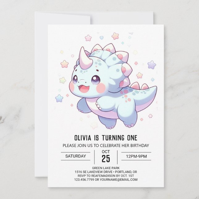 Sweet Dreamy Dinosaur 1. Geburtstag Einladung (Vorderseite)