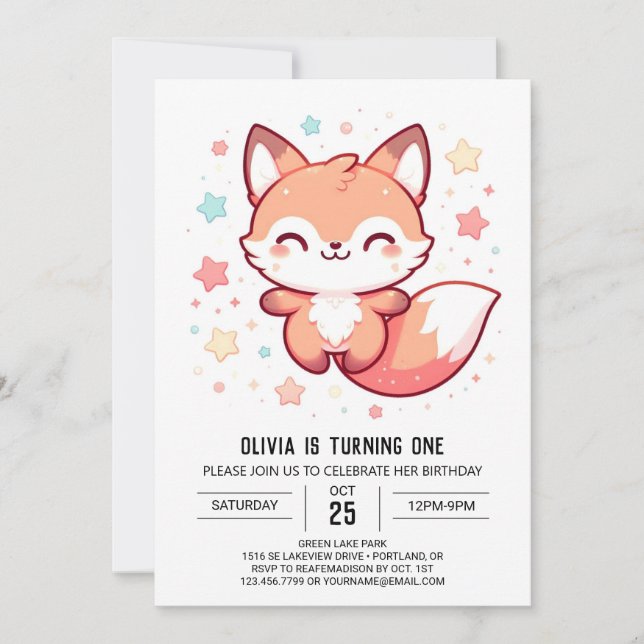 Sweet Dreamy Fox 1. Geburtstag Einladung (Vorderseite)