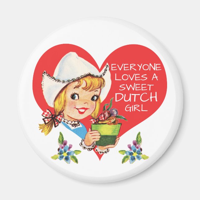 Sweet Dutch Girl Vintag Tulips Meisje & Herz Magnet (Vorne)