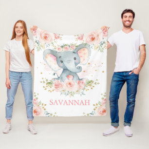 Sweet Elephant Blush Pink Bloral Jungle Baby Girl Fleecedecke