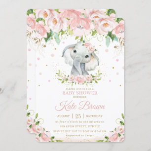 Sweet Elephant Blush Pink Floral Gold Baby Dusche Einladung