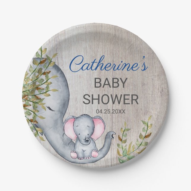 Sweet Elephant Floral Rustic Baby Dusche Pappteller (Vorderseite)