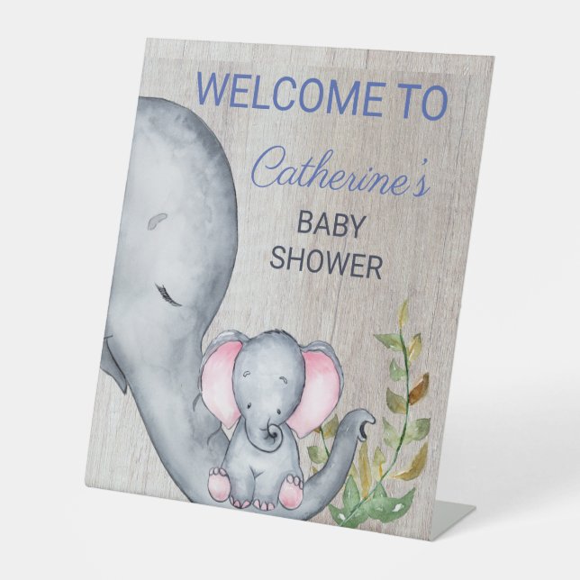 Sweet Elephant Floral Rustic Baby Dusche Willkomme Sockelschild (Vorderseite)