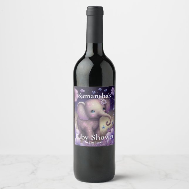 Sweet Elephant lila Baby Dusche Weinetikett (Vorderseite)