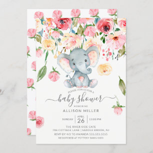 Sweet Elephant Pink Peonies Baby Dusche Einladung