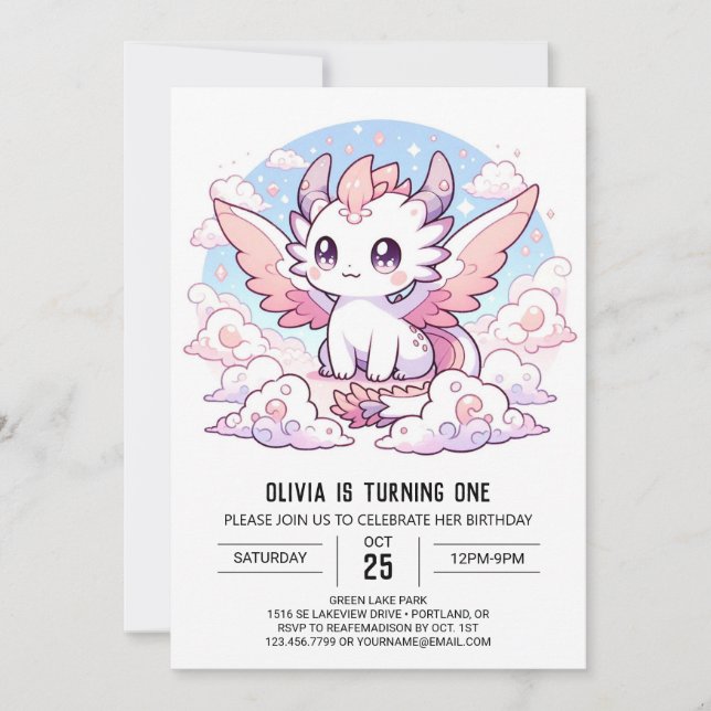 Sweet Enchanted Dragon 1. Geburtstag Einladung (Vorderseite)