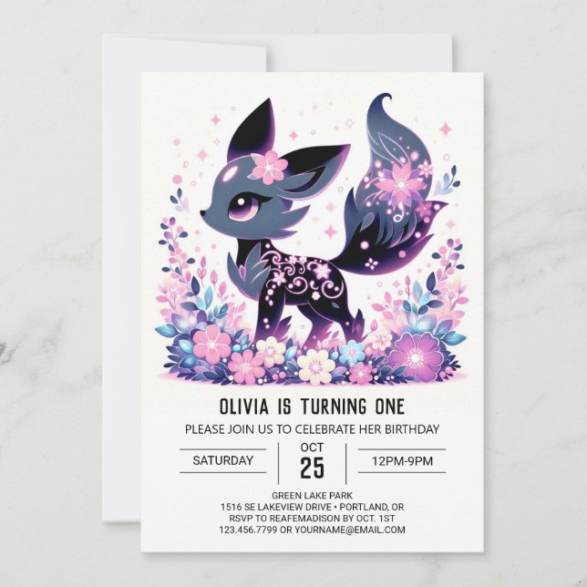 Sweet Enchanted Fox 1. Geburtstag Einladung (Vorderseite)