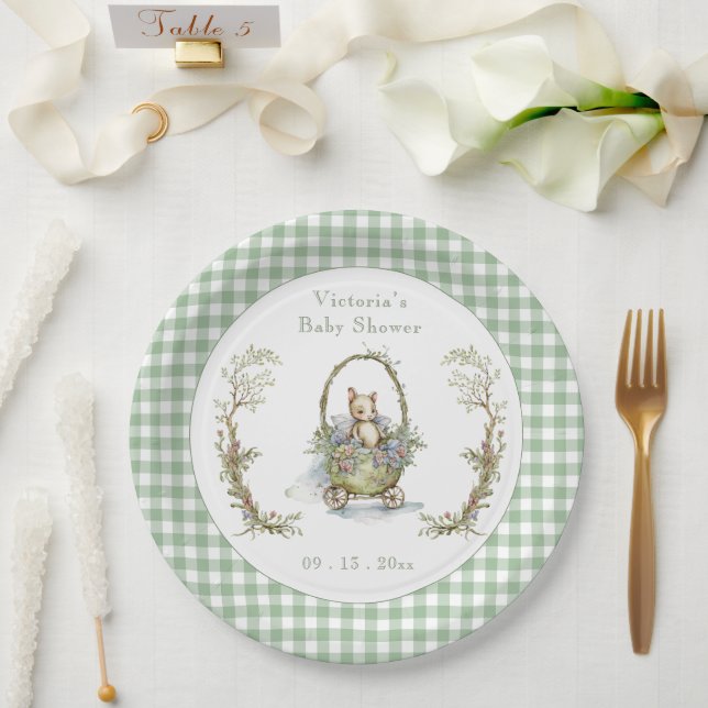 Sweet Fairytale Animal Green Gingham Baby Dusche Pappteller (Hochzeit)