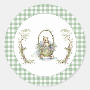 Sweet Fairytale Animal Green Gingham Baby Dusche Runder Aufkleber