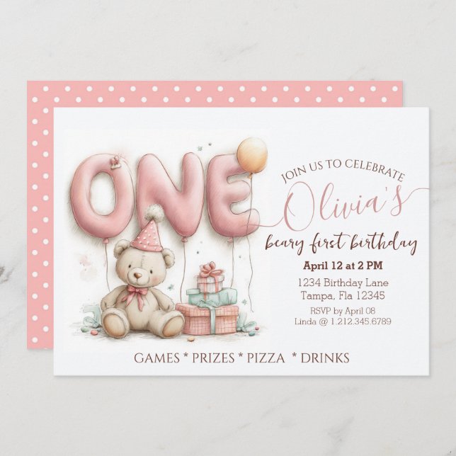 Sweet First Birthday Invitation with Teddy Bear  Einladung (Vorne/Hinten)