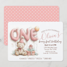 Sweet First Birthday Invitation with Teddy Bear  Feiertagskarte