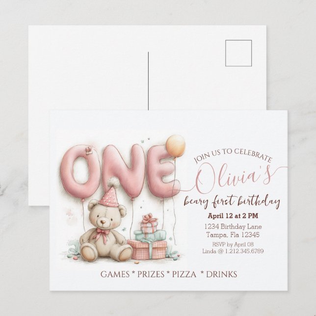 Sweet First Birthday Invitation with Teddy Bear  Postkarte (Vorne/Hinten)