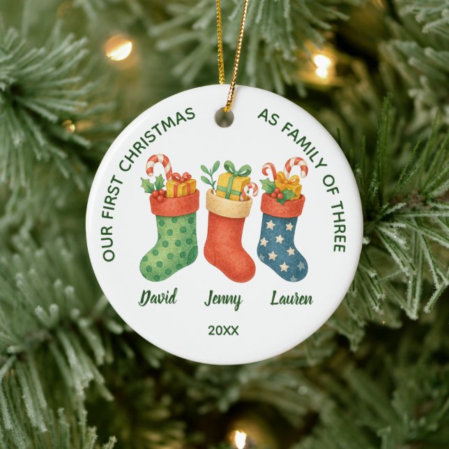 Sweet First Christmas Family of Three Photo Keramik Ornament (Baum)