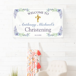 Sweet Floral Gold Cross Baby Christening Willkomme Banner