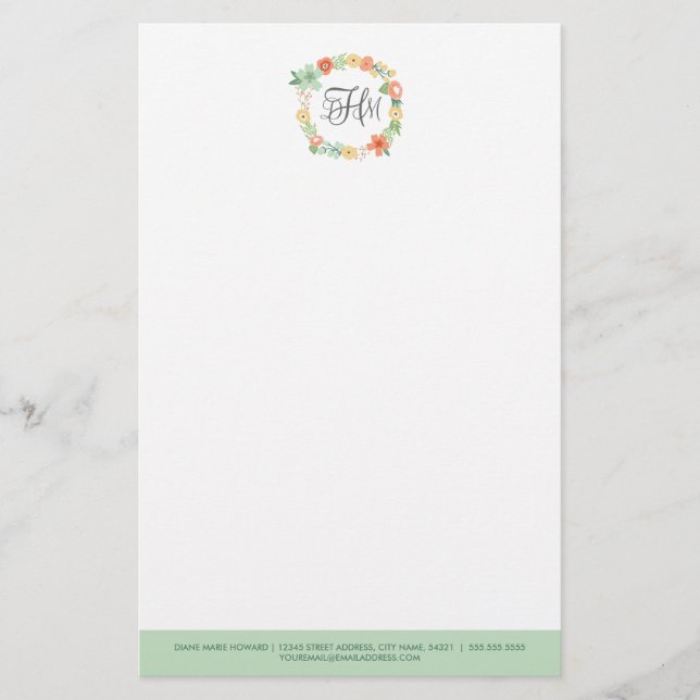 Sweet Floral Monogram Stationery Briefpapier (Vorderseite)