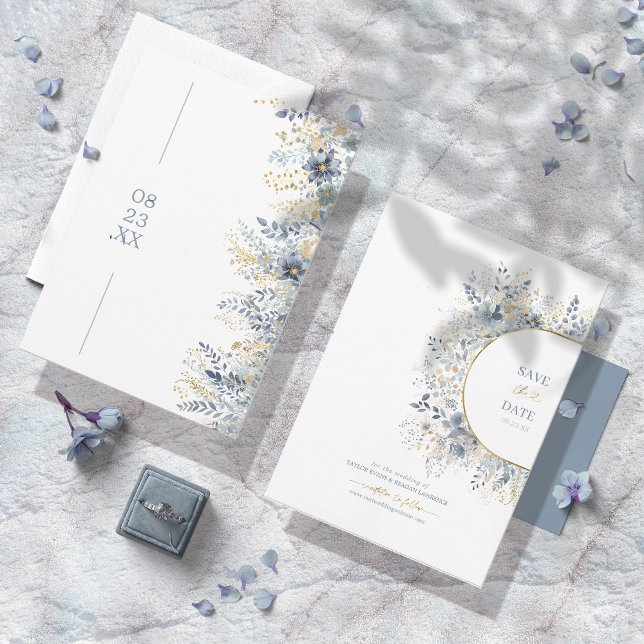 Sweet Floral Pattern Dusty Blue Gold ID1045 Save The Date (Von Creator hochgeladen)
