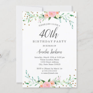 Sweet Floral Sparkle Confetti 40. Geburtstag Party Einladung