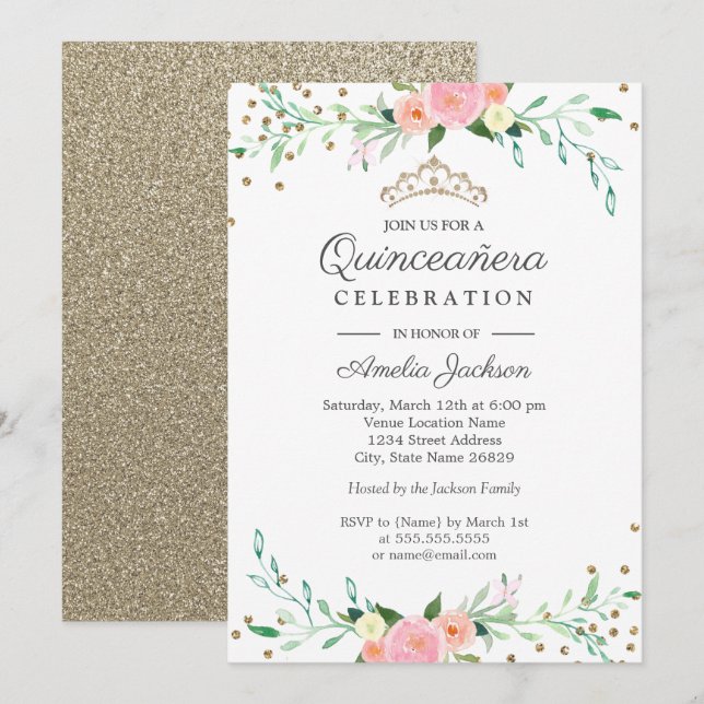 Sweet Floral Sparkle Confetti Quinceanera Einladung (Vorne/Hinten)